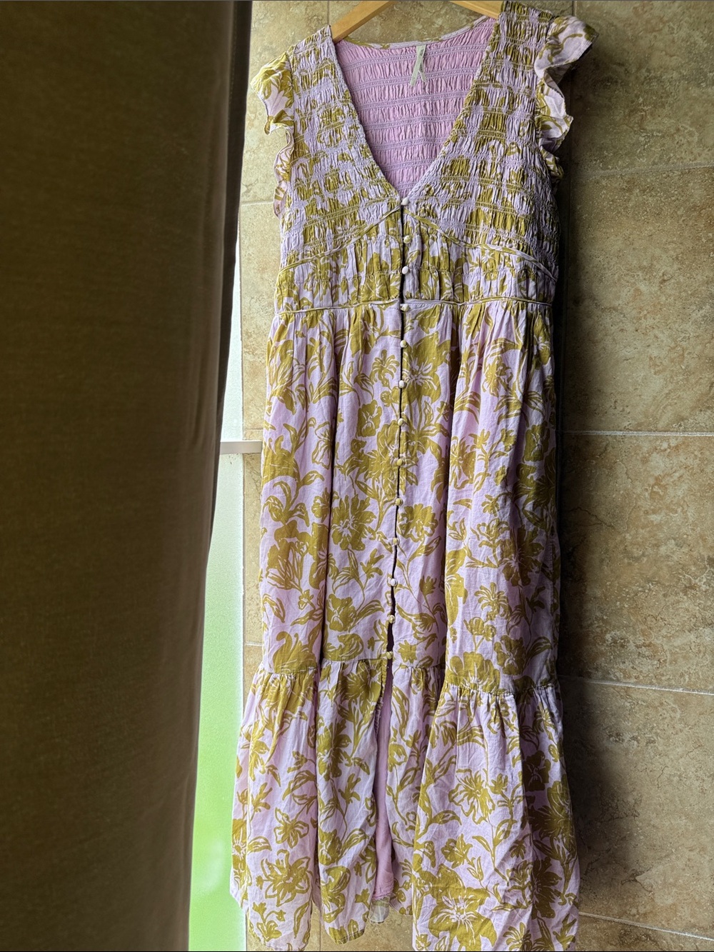 Anthropologie Peregrine Midi Dress Smocked Bodice V-Neck Button Front Pockets L - Picture 3 of 16